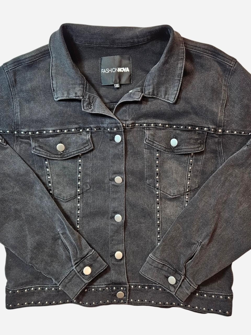 Fashion Nova Black Studded Gemstone Denim Jacket Button Front Womens 1X